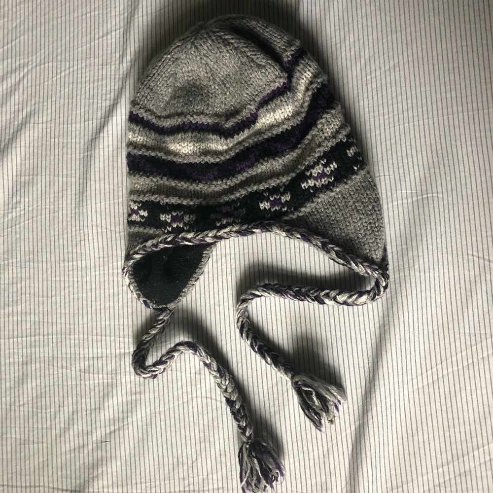 Grey purple and white beanie with braided strings